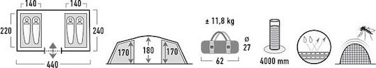 High Peak Tauris 4 Χειμερινή Σκηνή Camping Τούνελ Γκρι με Διπλό Πανί για 4 Άτομα 440x240x180εκ.
