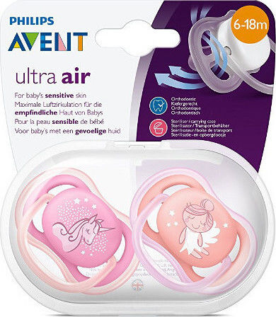 Philips Ultra Air Orthodontic Pacifiers Silicone with Case Unicorn - Pink - Orange for 6-18 months 2pcs