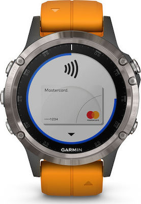 Garmin Fenix 5 Plus Stainless Steel 47mm Αδιάβροχο Smartwatch με Παλμογράφο (Titanium Orange)