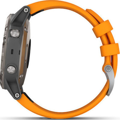 Garmin Fenix 5 Plus Stainless Steel 47mm Αδιάβροχο Smartwatch με Παλμογράφο (Titanium Orange)