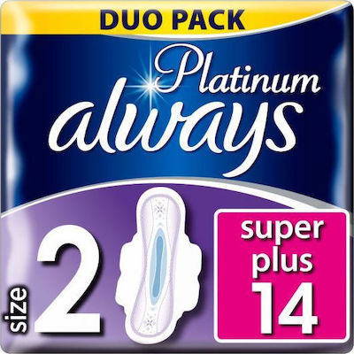 Always Platinum Ultra Super Plus Hygienepads mit Flügeln für Normaler Fluss 5 Tropfen Größe 2 in Doppelpack 2x7Stk