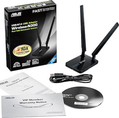 Asus USB-N14 Αντάπτορας Δικτύου USB με Ασύρματη Σύνδεση Wi-Fi 300Mbps και Αποσπώμενη Κεραία