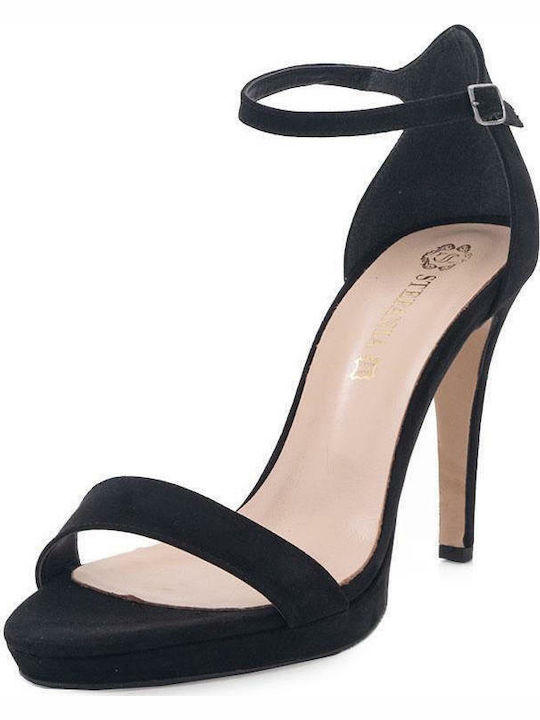 Stefania S Wildleder Damen Sandalen mit Dünn hohem Absatz in Schwarz Farbe