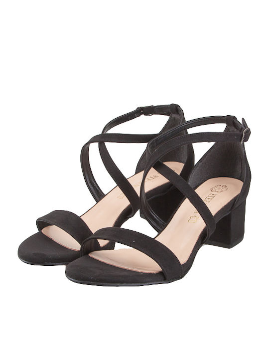 Stefania Suede Women's Sandals Black with Chunky Medium Heel