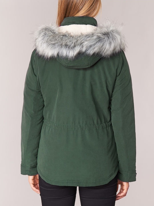 Women's for Hiking Short Parka Jacket for Winter with Detachable Hood Khaki