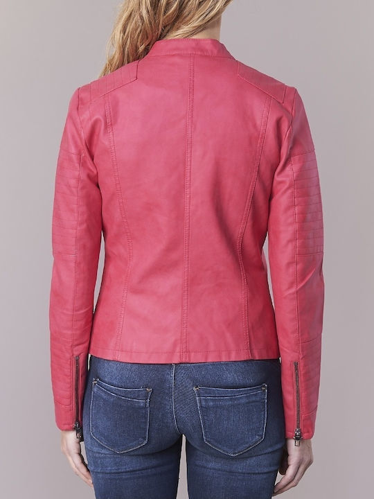 Only Women's Short Biker Artificial Leather Jacket for Winter Fuchsia