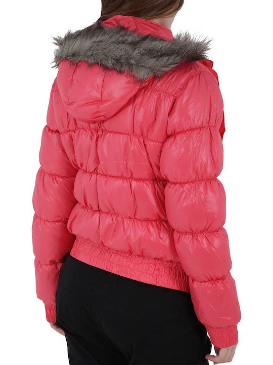 Kurz Damen Puffer Jacke mit pelziger Kapuze für Winter Fuchsie
