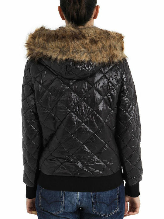 Biston Kurz Damen Puffer Jacke mit pelziger Kapuze für Winter Schwarz