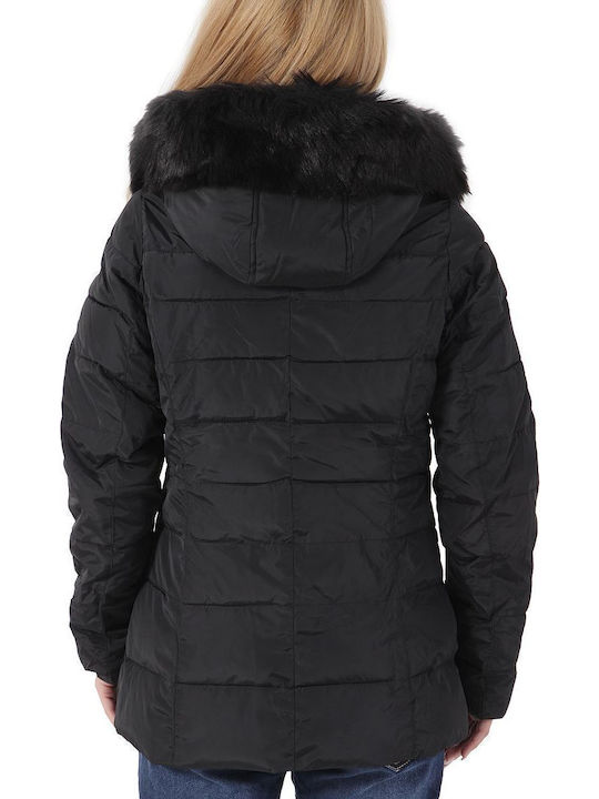 Kurz Damen Puffer Jacke mit pelziger Kapuze für Winter Schwarz