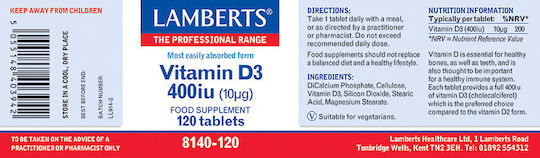 Lamberts Vitamin D3 Βιταμίνη για Ανοσοποιητικό 400iu 120 ταμπλέτες