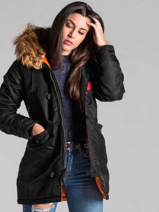 N3B VF 59 Women's Long Parka Jacket for Winter with Hood Black