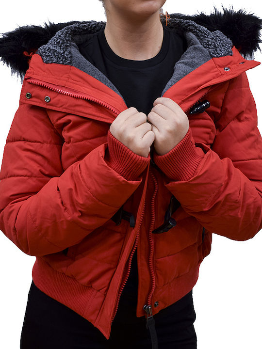 Superdry Toggle Κοντό Γυναικείο Puffer Μπουφάν με Γούνινη Κουκούλα για Χειμώνα Κόκκινο