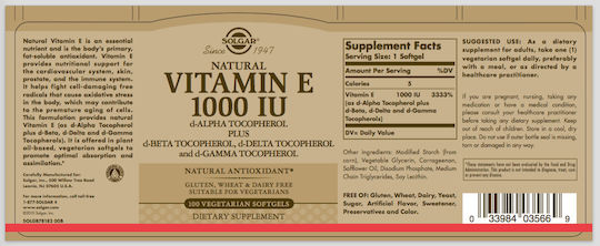 Solgar Vitamin E Vitamin for the Skin & Antioxidant Action 1000iu 671mg 100 softgels