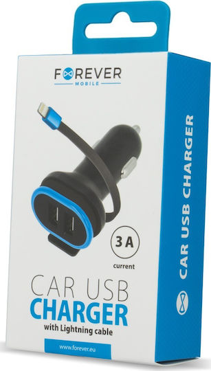 Forever CC-02 Car Charger 3A with Ports: 2xUSB with Cable Lightning Black Color