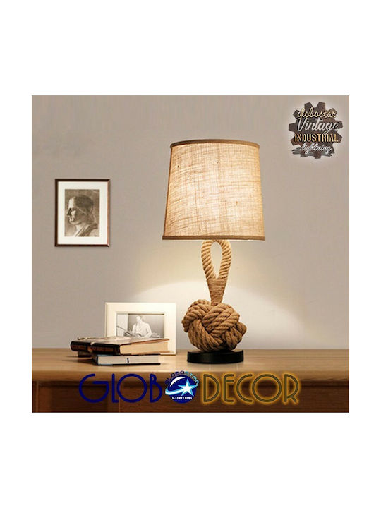 GloboStar Monkey Fist Vintage Tischlampe aus Seil für Fassung E27 mit Beige Schirm und Braun Basis