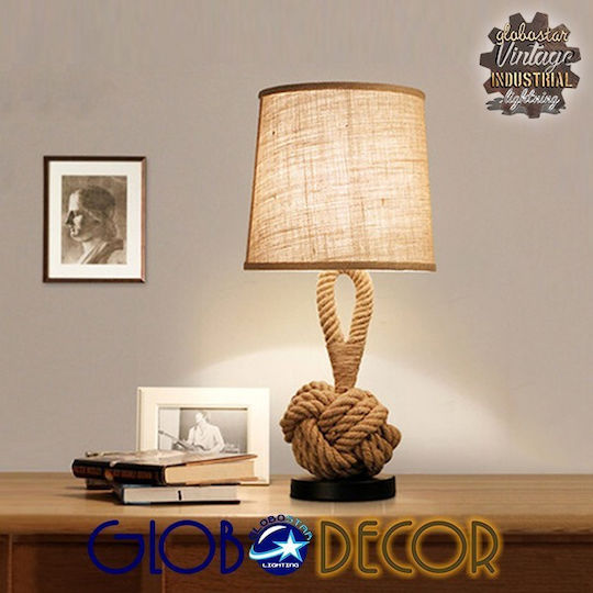 GloboStar Monkey Fist Vintage Tischlampe aus Seil für Fassung E27 mit Beige Schirm und Braun Basis