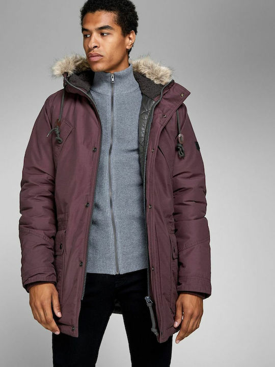 Jack & Jones Men's Winter Parka Jacket Burgundy