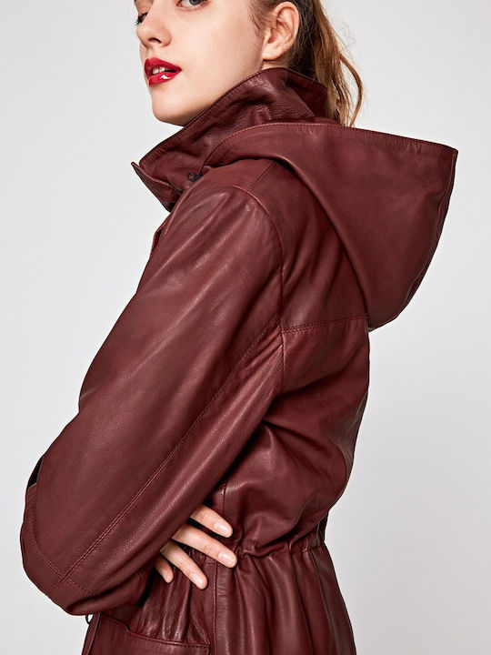 Pepe Jeans Mandies Women's Long Lifestyle Leather Jacket for Winter with Hood Burgundy