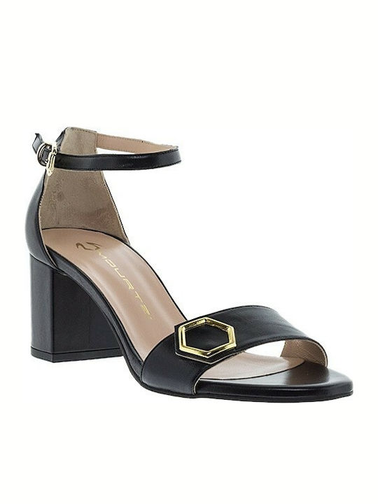 Mourtzi Leather Women's Sandals with Ankle Strap Black with Chunky Medium Heel