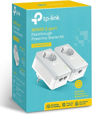 TP-LINK TL-PA4022P KIT v3 Powerline Διπλό για Ενσύρματη Σύνδεση με Passthrough Πρίζα και 2 Θύρες Ethernet