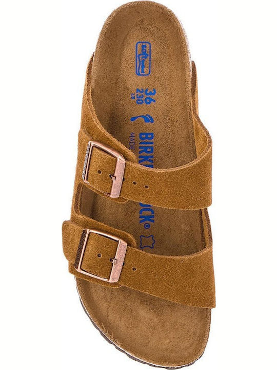 Arizona Soft Footbed Suede Leather Women's Flat Sandals Anatomic in Tabac Brown Color Narrow Fit