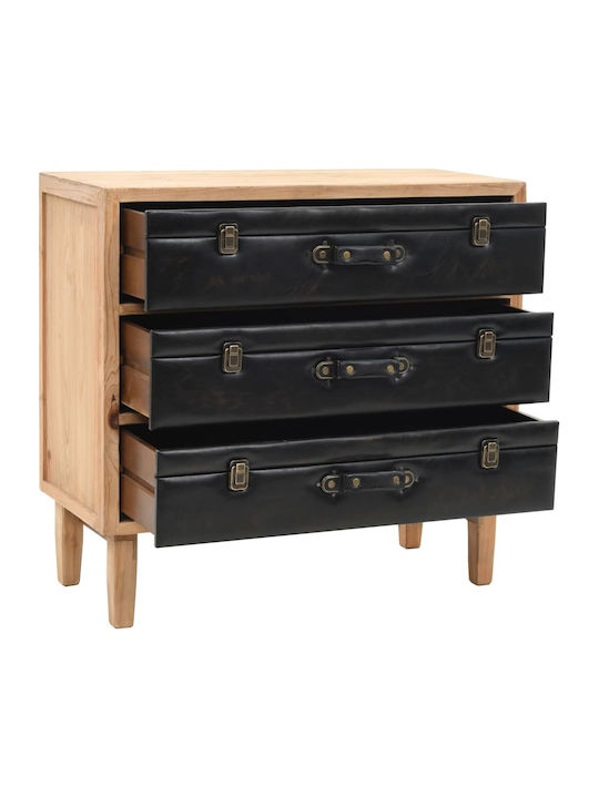 Bedroom Chest of Drawers from Solid Wood with 3 Drawers Black with Artificial Leather Surface Coating 80x36x75cm