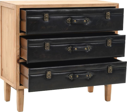 Bedroom Chest of Drawers from Solid Wood with 3 Drawers Black with Artificial Leather Surface Coating 80x36x75cm