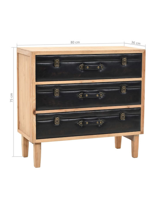 Bedroom Chest of Drawers from Solid Wood with 3 Drawers Black with Artificial Leather Surface Coating 80x36x75cm
