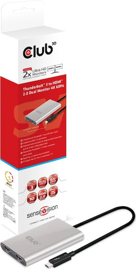 Club3D Μετατροπέας Thunderbolt 3 male σε HDMI 2x female Ασημί 1τμχ CSV-1574