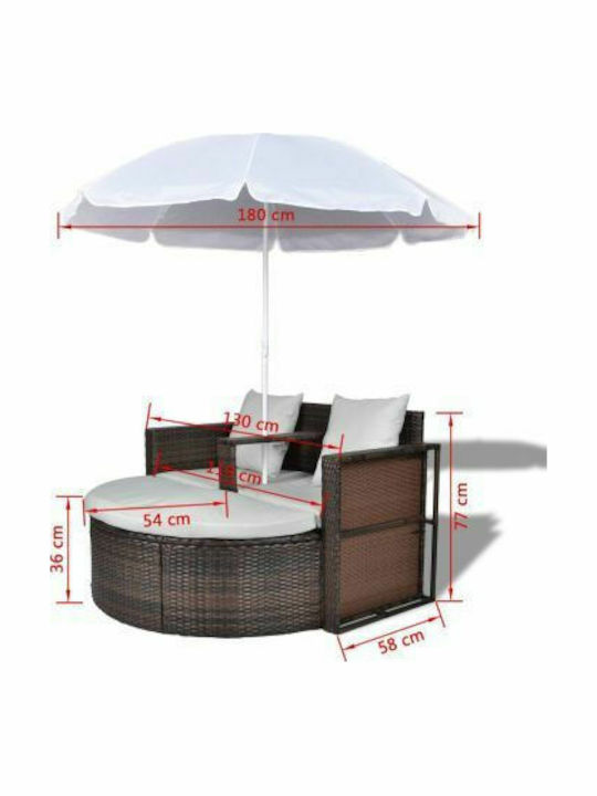 Deckchair Double Rattan with Cushion & Sunshade Brown 2pcs 130x58x77cm.