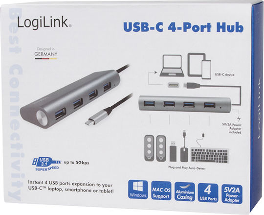 LogiLink Hub 4 Θυρών USB 3.1 με σύνδεση USB-C Γκρι