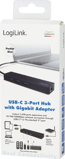 LogiLink Hub 3 Θυρών USB 3.1 με σύνδεση USB-C / Ethernet