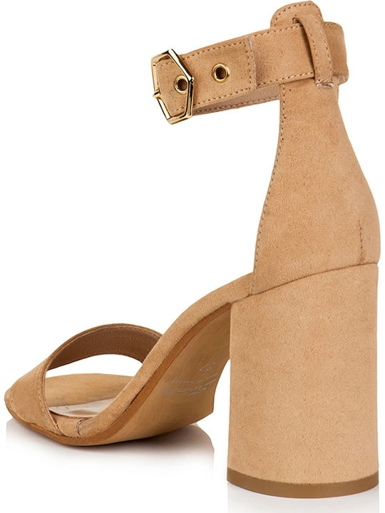 Sante Suede Women's Sandals with Ankle Strap Tabac Brown with Chunky High Heel