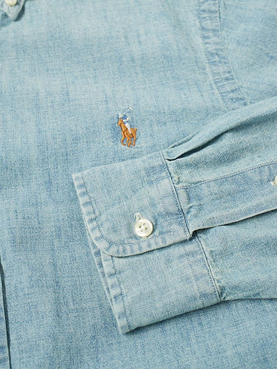 Cu mânecă lungă Denim Cămașă în Linie ingusta albastru deschis