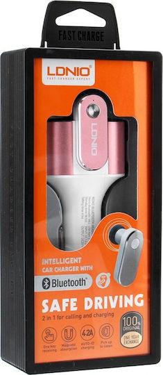 Ldnio Car Charger 4.2A with Ports 2xUSB-A and Bluetooth Headphones Pink Color