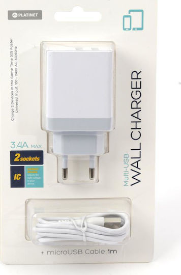 Platinet Φορτιστής με 2 Θύρες USB-A και Καλώδιο micro USB Λευκός (PLCU2W)