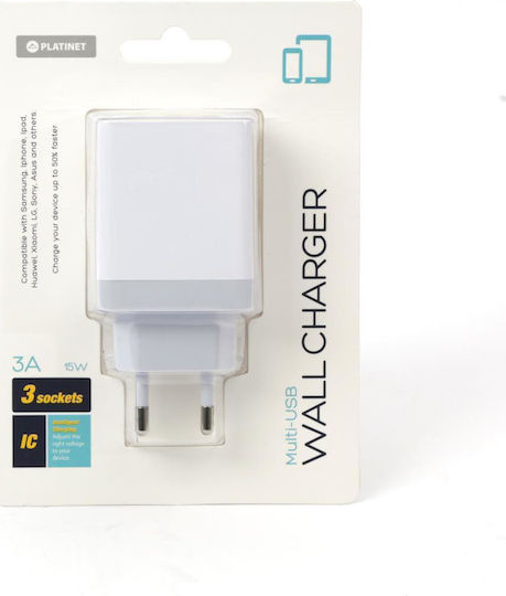 Platinet Φορτιστής Χωρίς Καλώδιο με 3 Θύρες USB-A 15W Λευκός (PLCU33AW)