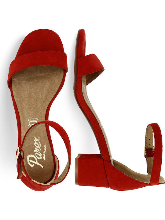 Leder Damen Sandalen Anatomisch mit Chunky mittlerem Absatz in Rot Farbe