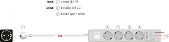 DeLock Πολύπριζο Aσφαλείας 4 Θέσεων με 3 USB-A, Διακόπτη και Καλώδιο 1.5m