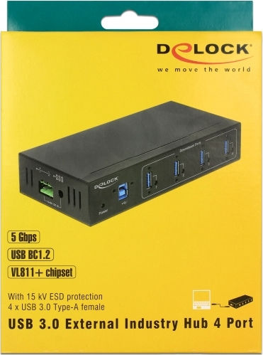 DeLock USB 3.0 4 Port Hub with USB-A Connection & Charging Port and External Power Supply