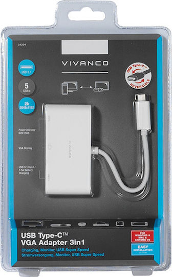 Vivanco Convertor USB-C masculin în USB-A / VGA feminin Alb 1buc 34294