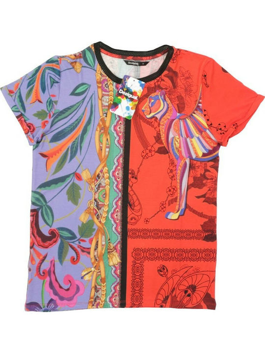 Desigual Craft Damen Sommer Bluse Kurzärmelig Blumen Rot