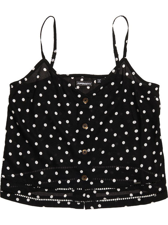 Superdry Mila Damen Sommer Bluse mit Trägern Polka Dot Schwarz