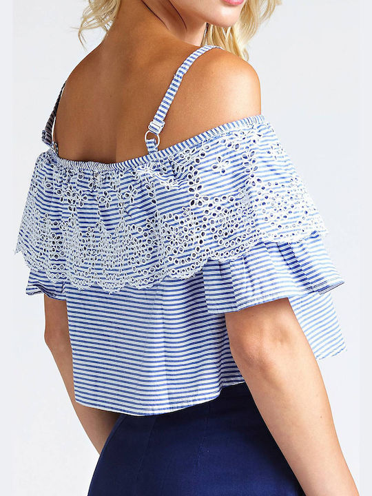 Guess Κοντομάνικη Γυναικεία Μπλούζα Off-Shoulder Καλοκαιρινή Ριγέ Γαλάζια