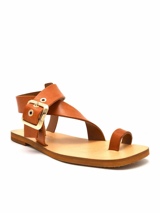 Sante Leather Women's Flat Sandals in Tabac Brown Color