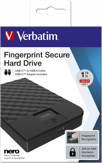Verbatim Fingerprint Secure USB 3.1 / USB-C Εξωτερικός HDD 2TB 2.5" Μαύρο