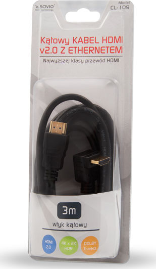 Savio HDMI 2.0 Premium High Speed 4K 60Hz HDR Angle (90°) Cable HDMI Male - HDMI Male 3m Black