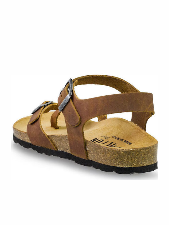 Leather Women's Flat Sandals Tabac Brown