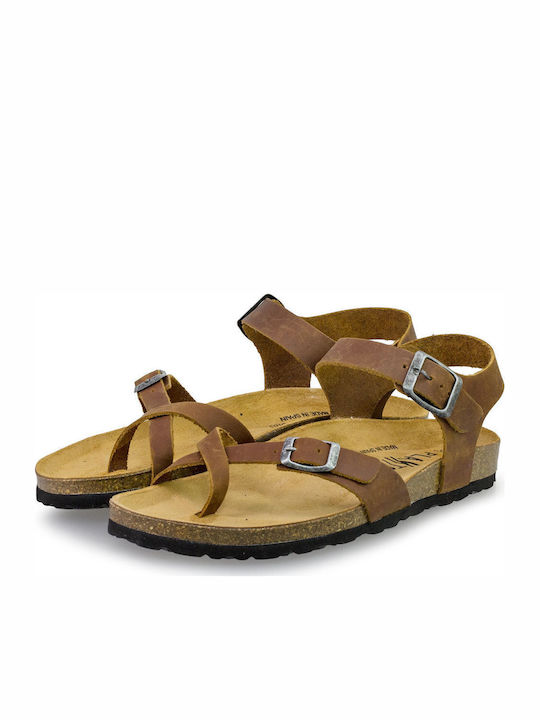 Leather Women's Flat Sandals Tabac Brown