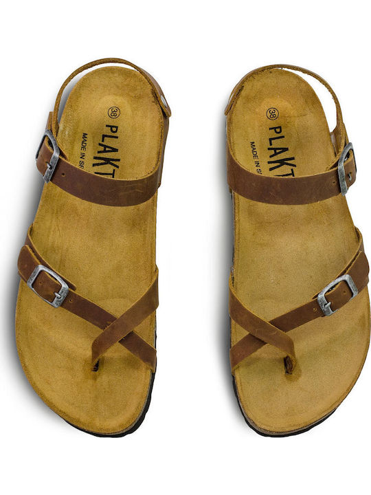 Leather Women's Flat Sandals Tabac Brown